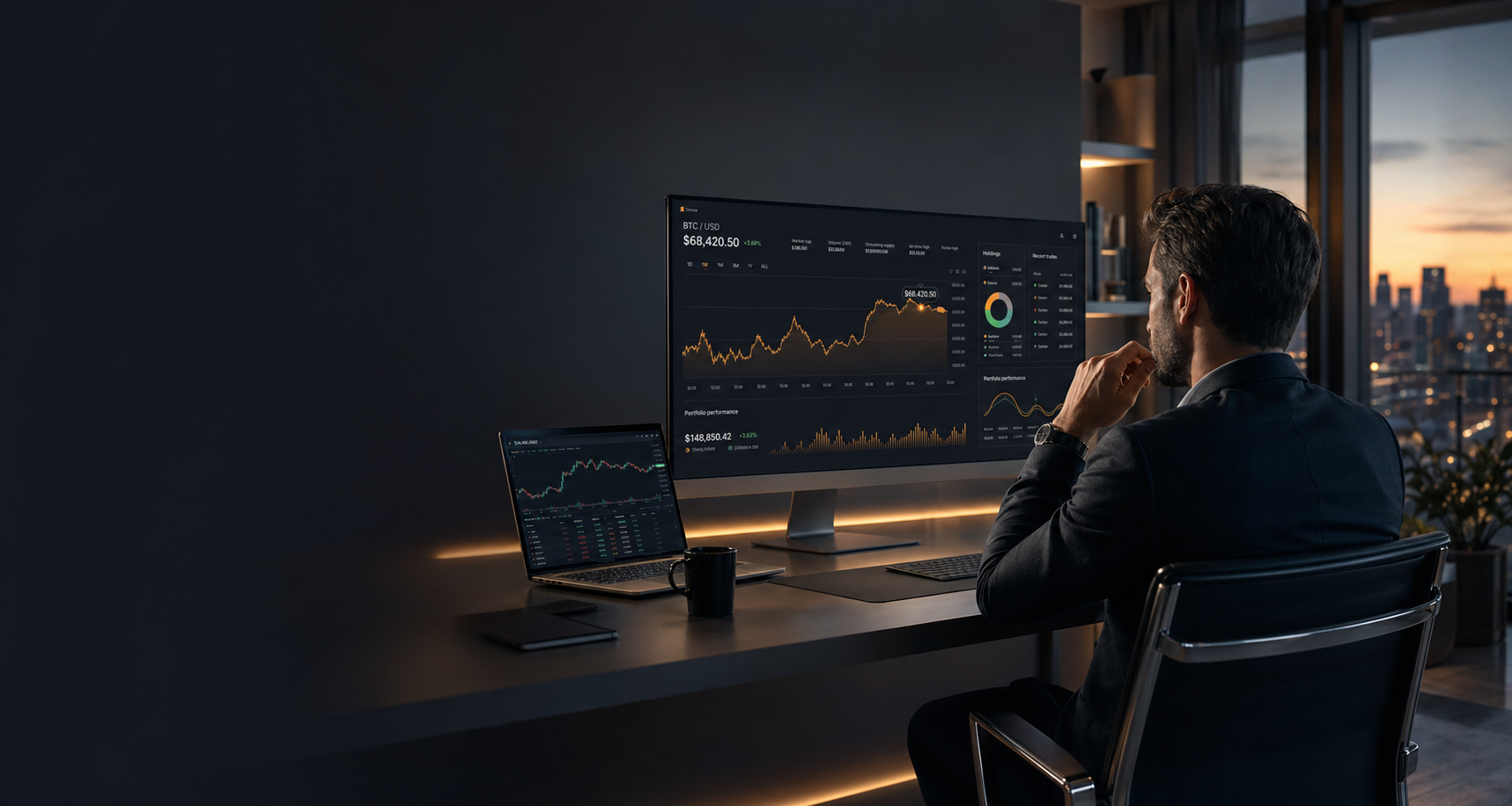 Investor reviewing crypto performance on a premium dashboard